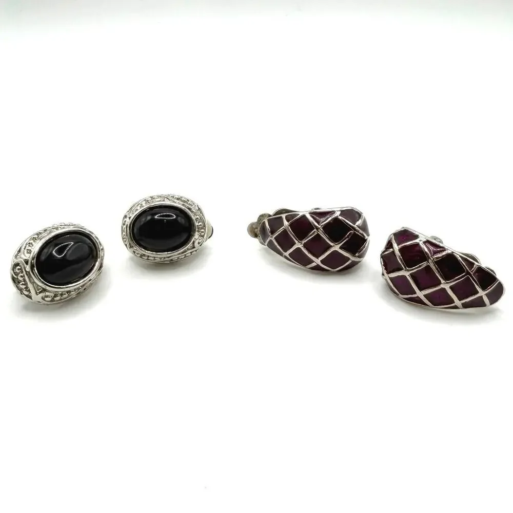 4 pc SET Silver Tone Black Cabochon Purple Clip Earrings Vintage